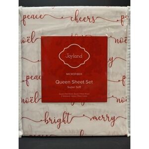 Joyland Microfiber Queen Sheet Set Red Merry Print Christmas Holiday White New!